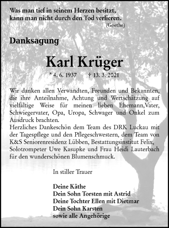 Traueranzeige von Karl Krüger von lausitzer_rundschau