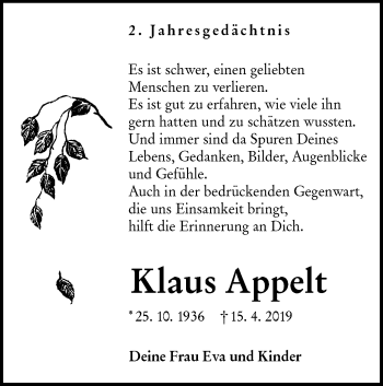 Traueranzeige von Klaus Appelt von lausitzer_rundschau
