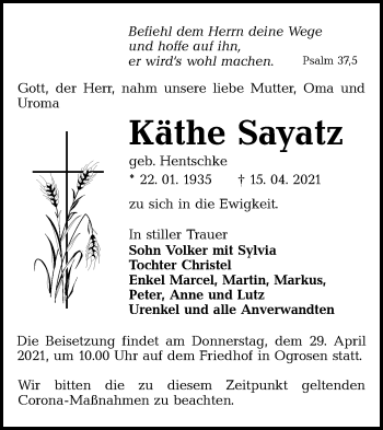 Traueranzeige von Käthe Sayatz von lausitzer_rundschau