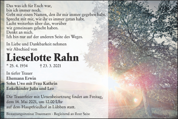 Traueranzeige von Lieselotte Rahn von lausitzer_rundschau