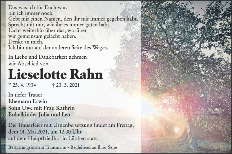  Traueranzeige für Lieselotte Rahn vom 17.04.2021 aus lausitzer_rundschau