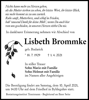 Traueranzeige von Lisbeth Brommke von lausitzer_rundschau