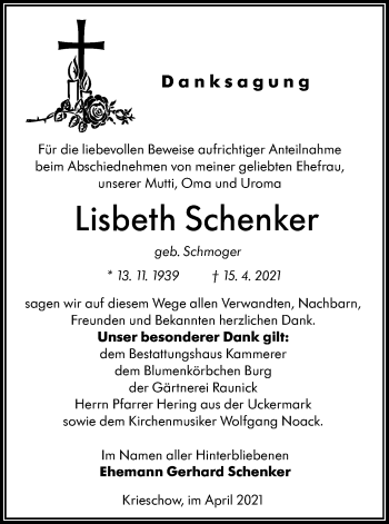 Traueranzeige von Lisbeth Schenker von lausitzer_rundschau