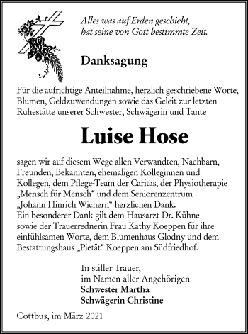Traueranzeige von Luise Hose von lausitzer_rundschau