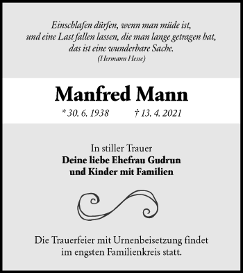 Traueranzeige von Manfred Mann von lausitzer_rundschau