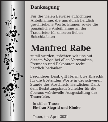 Traueranzeige von Manfred Rabe von lausitzer_rundschau