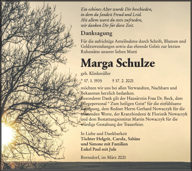  Traueranzeige für Marga Schulze vom 10.04.2021 aus lausitzer_rundschau