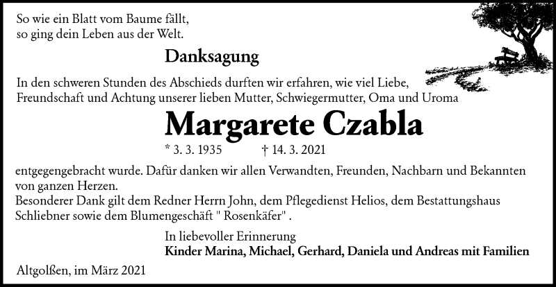  Traueranzeige für Margarete Czabla vom 10.04.2021 aus lausitzer_rundschau