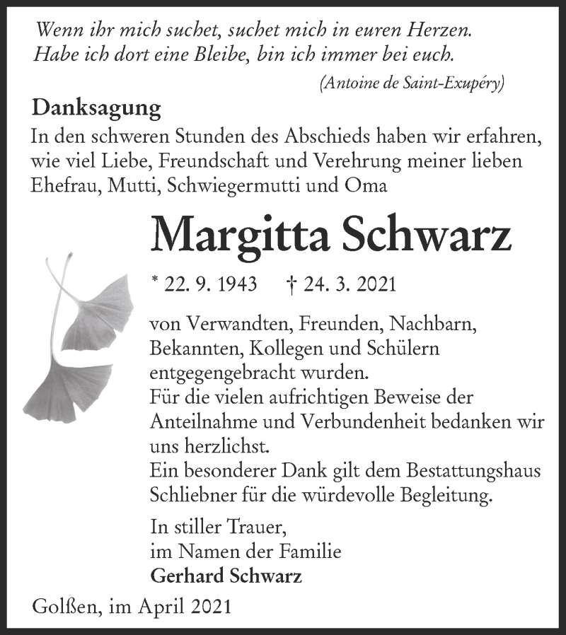  Traueranzeige für Margitta Schwarz vom 22.04.2021 aus lausitzer_rundschau