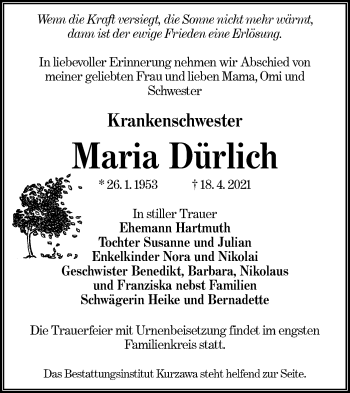 Traueranzeige von Maria Dürlich von lausitzer_rundschau