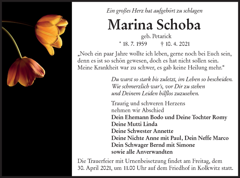  Traueranzeige für Marina Schoba vom 17.04.2021 aus lausitzer_rundschau