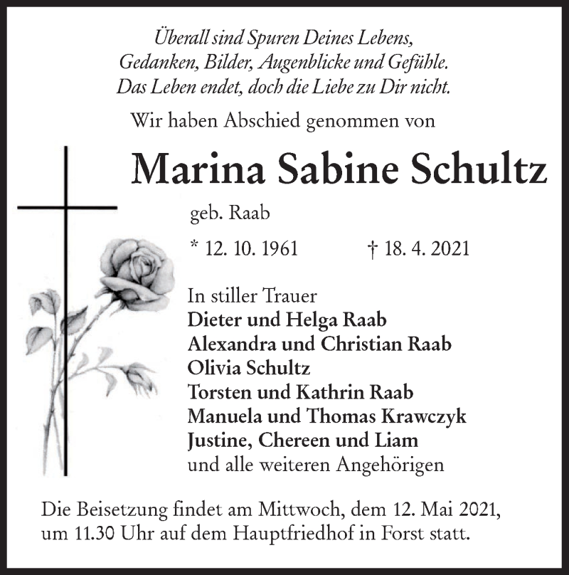  Traueranzeige für Marina Sabine Schultz vom 29.04.2021 aus lausitzer_rundschau