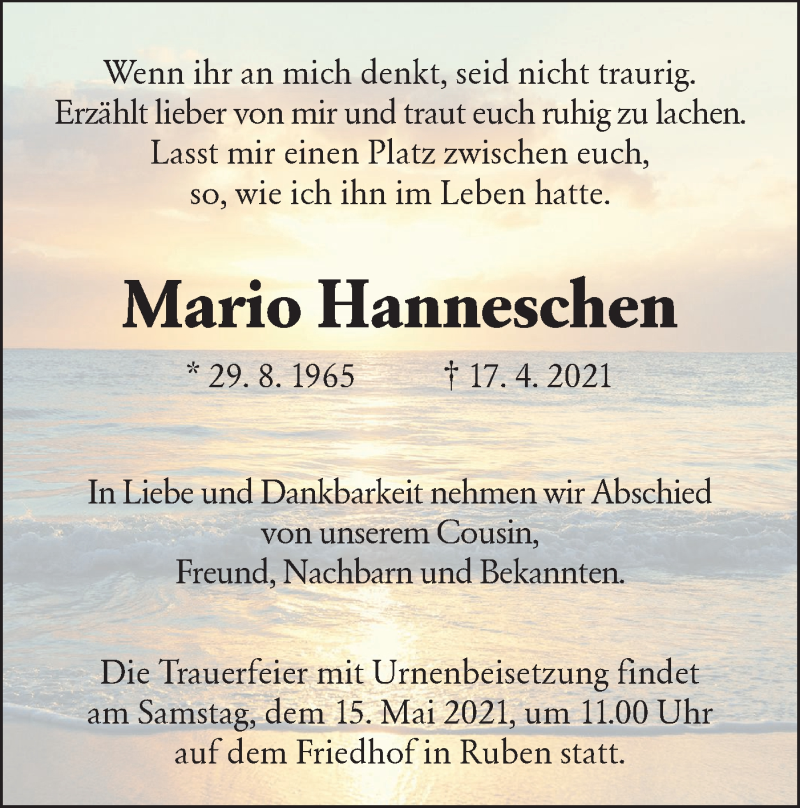  Traueranzeige für Mario Hanneschen vom 28.04.2021 aus lausitzer_rundschau