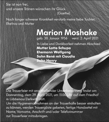 Traueranzeige von Marion Moshake von lausitzer_rundschau