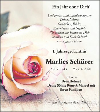 Traueranzeige von Marlies Schürer von lausitzer_rundschau