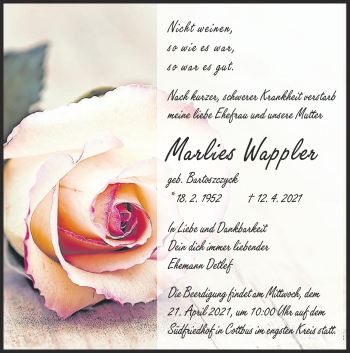 Traueranzeige von Marlies Wappler von lausitzer_rundschau