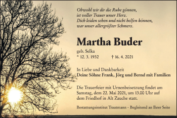 Traueranzeige von Martha Buder von lausitzer_rundschau