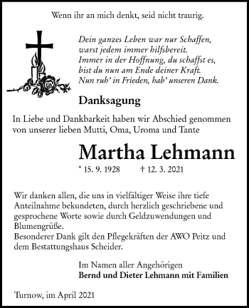 Traueranzeige von Martha Lehmann von lausitzer_rundschau