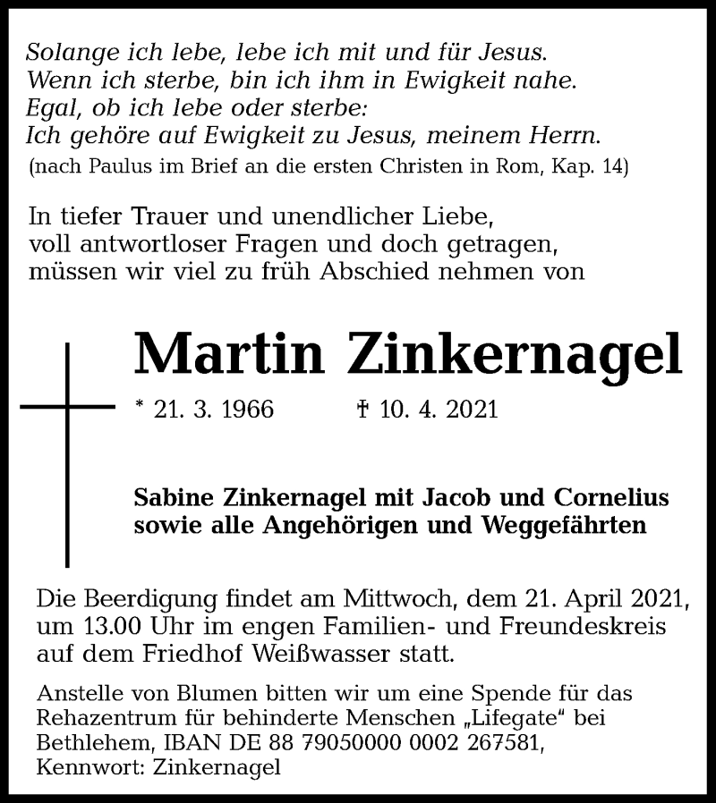  Traueranzeige für Martin Zinkernagel vom 15.04.2021 aus lausitzer_rundschau