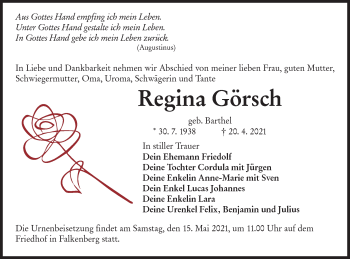 Traueranzeige von Regina Görsch von lausitzer_rundschau