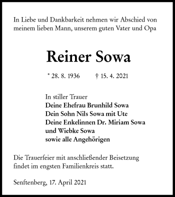 Traueranzeige von Reiner Sowa von lausitzer_rundschau