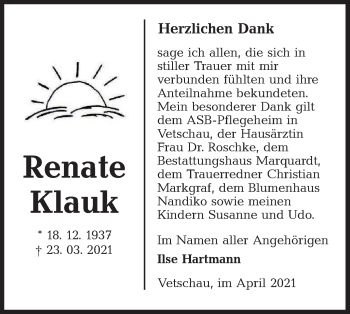 Traueranzeige von Renate Klauk von lausitzer_rundschau
