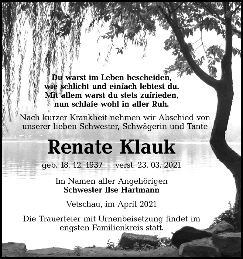  Traueranzeige für Renate Klauk vom 03.04.2021 aus lausitzer_rundschau