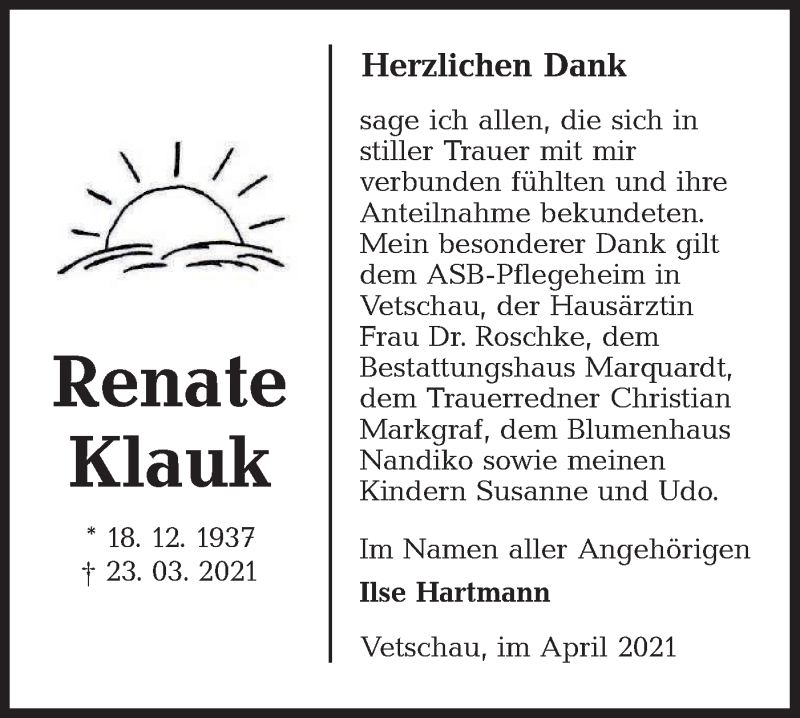  Traueranzeige für Renate Klauk vom 24.04.2021 aus lausitzer_rundschau