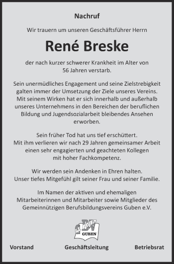 Traueranzeige von René Breske von lausitzer_rundschau