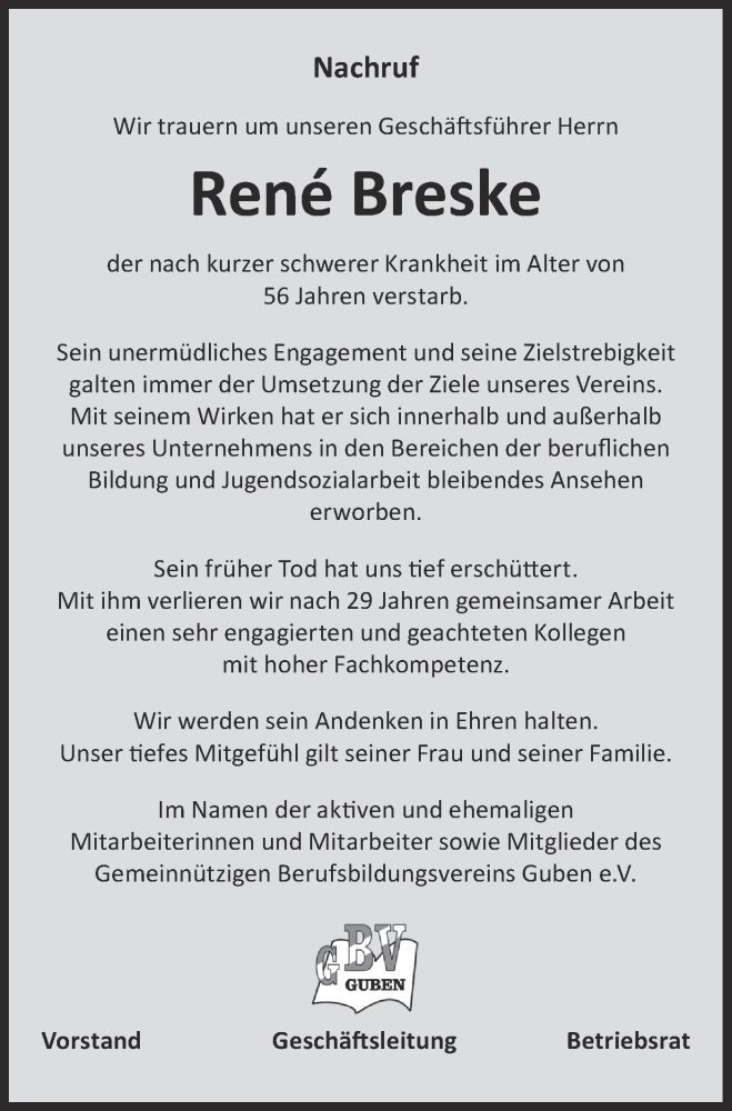 Traueranzeigen Von René Breske | Lr-online.trauer.de