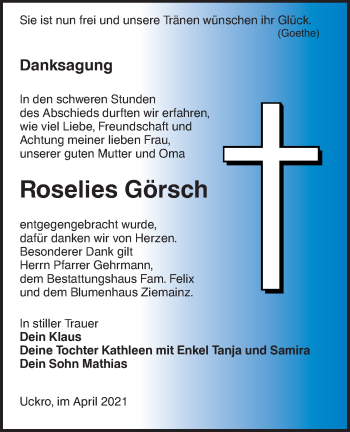 Traueranzeige von Roselies Görsch von lausitzer_rundschau