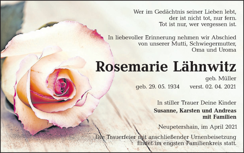  Traueranzeige für Rosemarie Lähnwitz vom 17.04.2021 aus lausitzer_rundschau