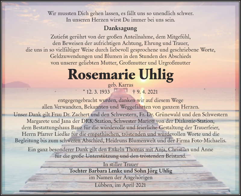  Traueranzeige für Rosemarie Uhlig vom 30.04.2021 aus lausitzer_rundschau