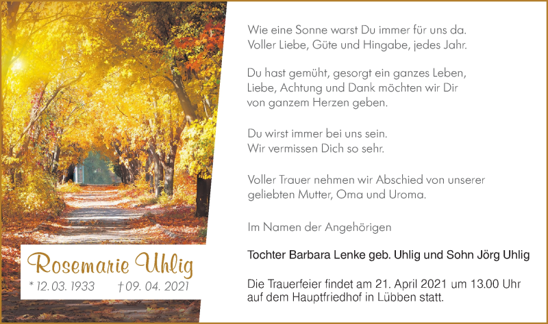  Traueranzeige für Rosemarie Uhlig vom 14.04.2021 aus lausitzer_rundschau