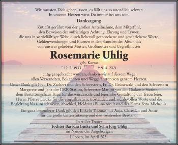 Traueranzeige von Rosemarie Uhlig von lausitzer_rundschau