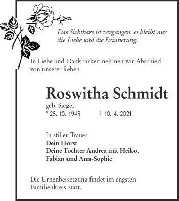 Traueranzeige von Roswitha Schmidt von lausitzer_rundschau