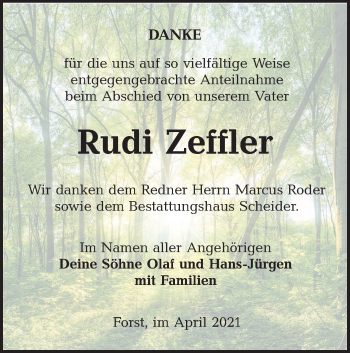 Traueranzeige von Rudi Zeffler von lausitzer_rundschau