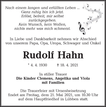 Traueranzeige von Rudolf Hahn von lausitzer_rundschau