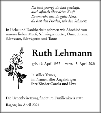 Traueranzeige von Ruth Lehmann von lausitzer_rundschau