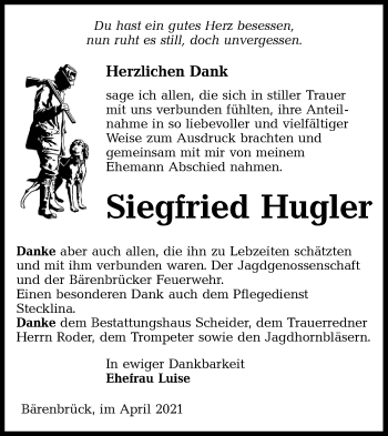 Traueranzeige von Siegfried Hugler von lausitzer_rundschau