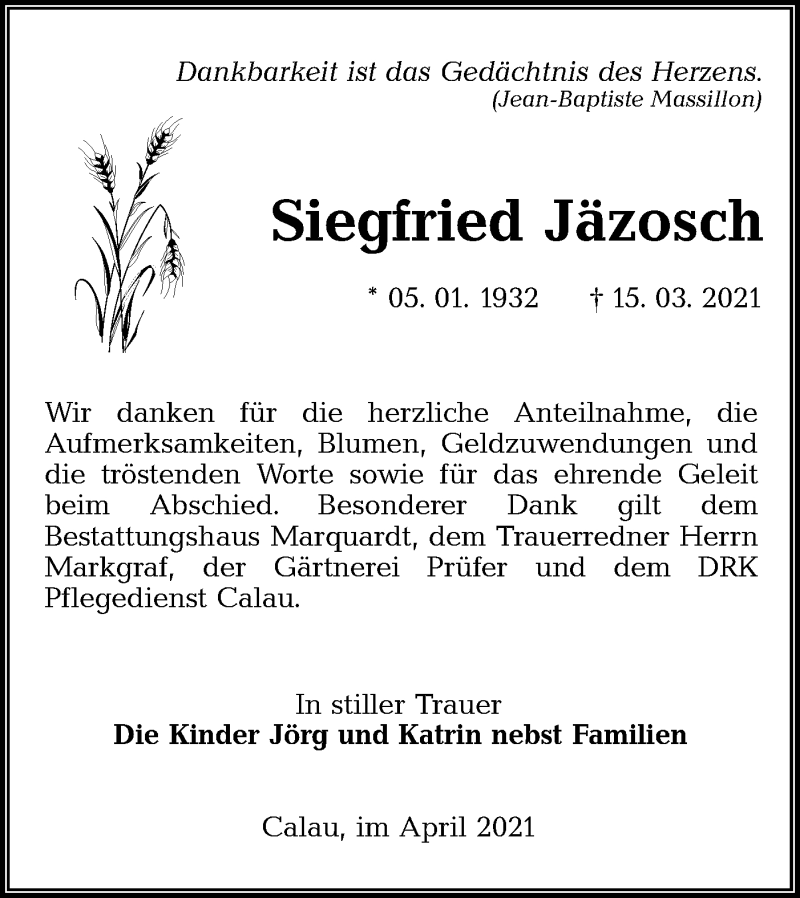  Traueranzeige für Siegfried Jäzosch vom 30.04.2021 aus lausitzer_rundschau