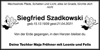 Traueranzeige von Siegfried Szadkowski von lausitzer_rundschau