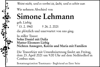 Traueranzeige von Simone Lehmann von lausitzer_rundschau