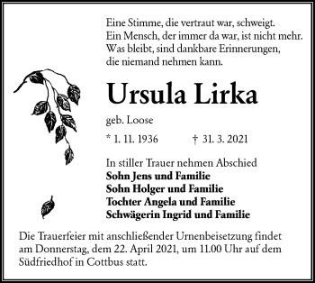 Traueranzeige von Ursula Lirka von lausitzer_rundschau