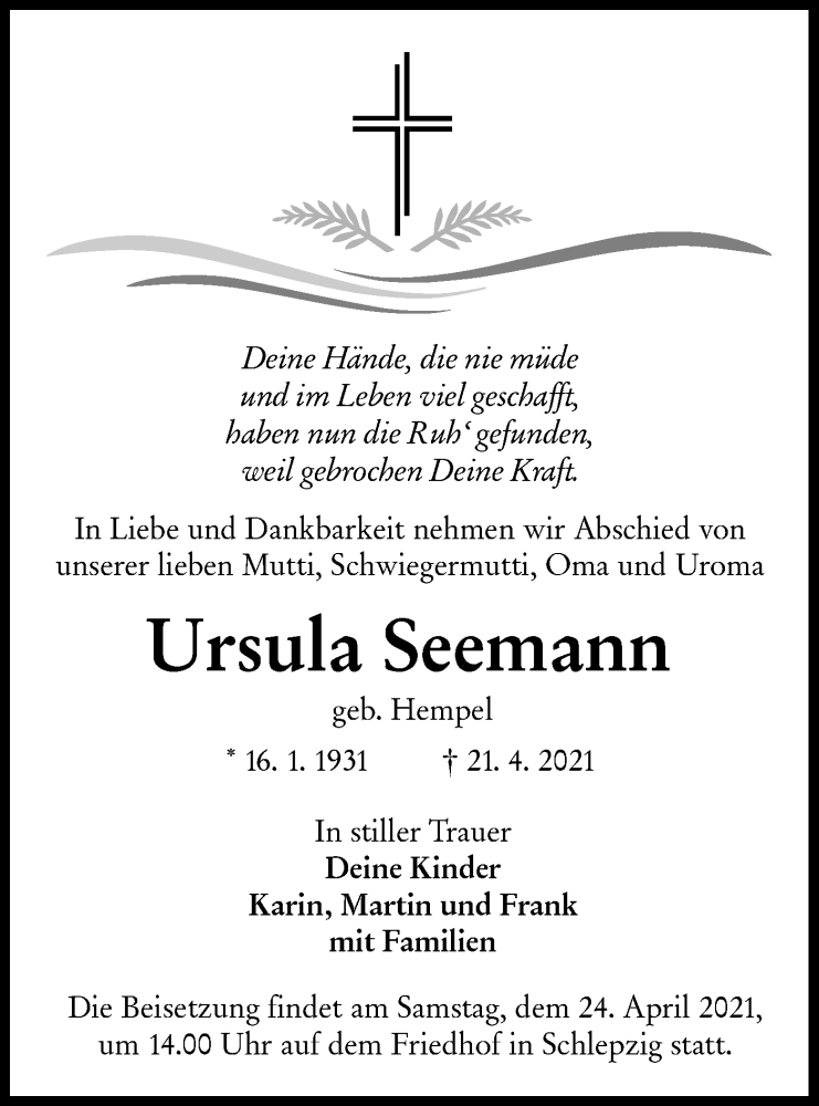  Traueranzeige für Ursula Seemann vom 23.04.2021 aus lausitzer_rundschau