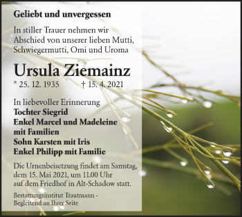 Traueranzeige von Ursula Ziemainz von lausitzer_rundschau