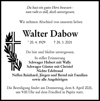Traueranzeige von Walter Dabow von lausitzer_rundschau