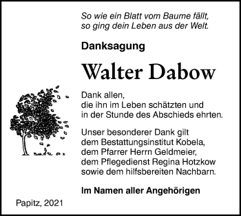Traueranzeige von Walter Dabow von lausitzer_rundschau