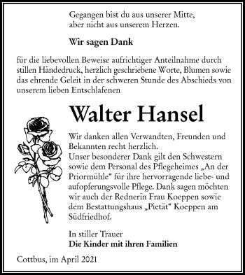 Traueranzeige von Walter Hansel von lausitzer_rundschau