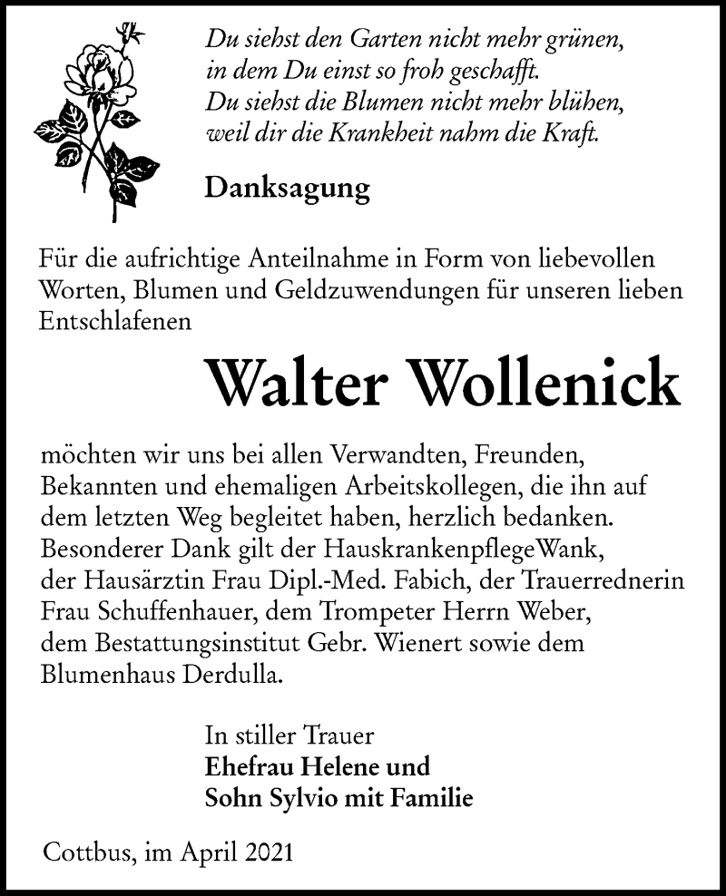  Traueranzeige für Walter Wollenick vom 17.04.2021 aus lausitzer_rundschau